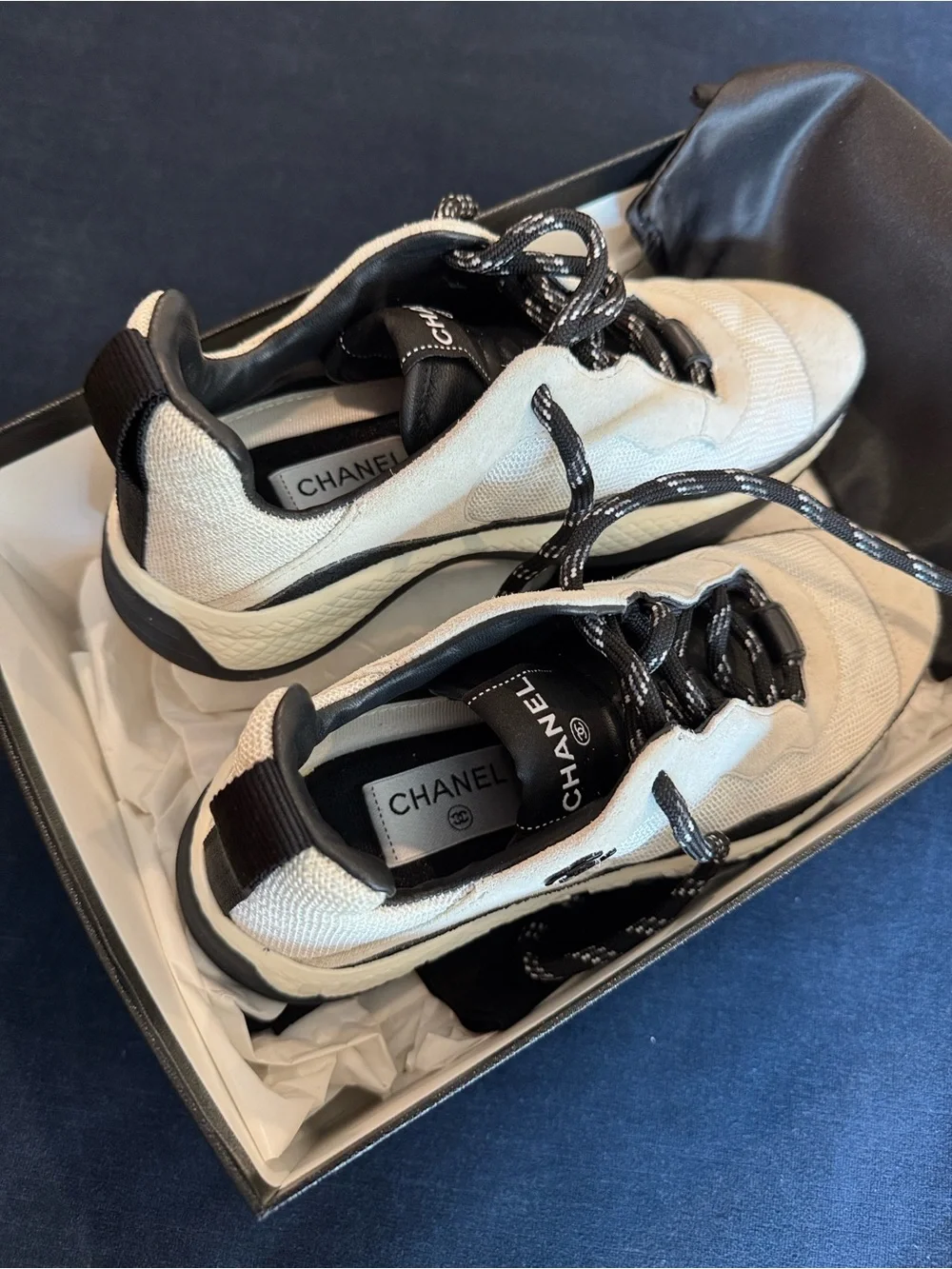 CHANEL Cream and Black Mesh & Suede Athletic Sneakers